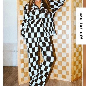 Dressed in Lala Long Sleeve Plissé Set in Checkerboard